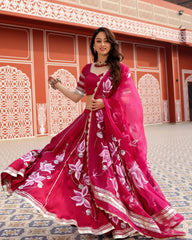 Magenta Pink Handpainted Lehenga Set with Stitched Blouse