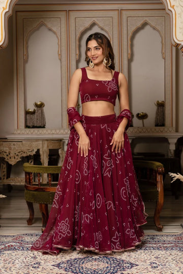 Maroon Bandhej Georgette Lehenga Set
