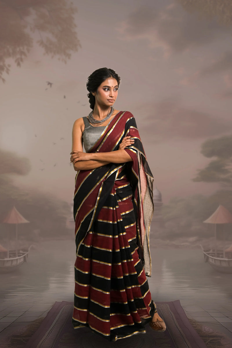 Maroon Black Mul Cotton Kaashni Saree