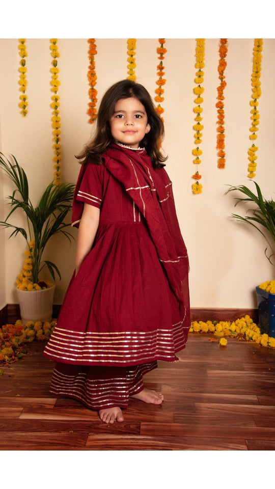 Maroon Gotta Jaal Anarkali Set for Girls Kids