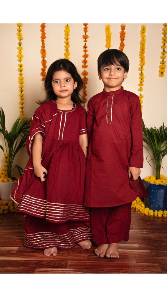 Maroon Gotta Jaal Anarkali Set for Girls Kids