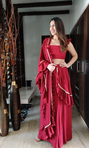 maroon ruffle sari with blouse