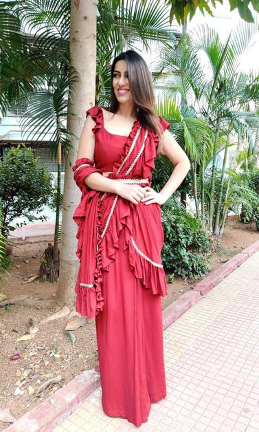 ruffle sari with attached pallu skirt