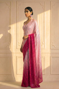 Blush Pink to Ruby Ombre Sequin Saree with Stitched Blouse