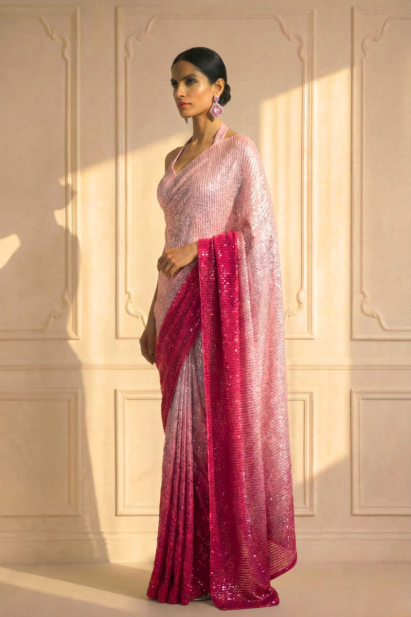 Blush Pink to Ruby Ombre Sequin Saree with Stitched Blouse