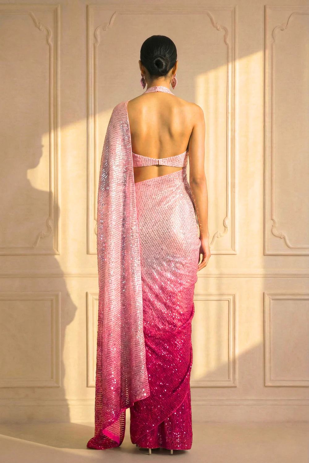 Blush Pink to Ruby Ombre Sequin Saree with Stitched Blouse