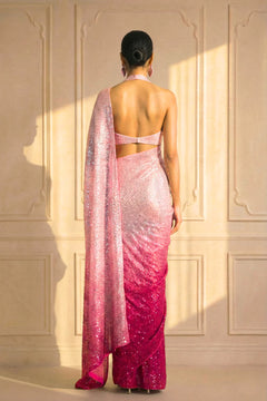 Blush Pink to Ruby Ombre Sequin Saree with Stitched Blouse