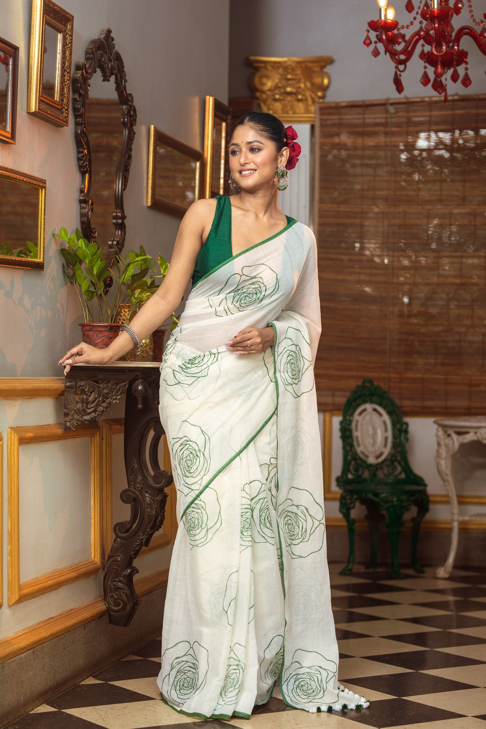 Mastaani Green Rose Print Mul Cotton Saree for Women's