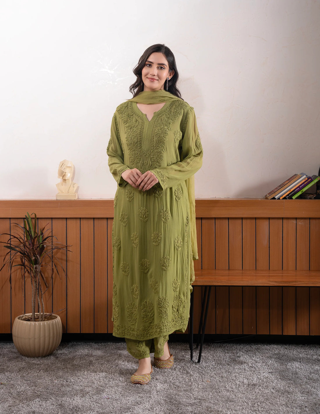 Mocha Blossom Viscose Georgette Straight Chikankari  Kurta Set