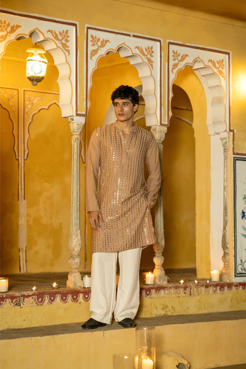 Men’s Mocha Mousse Mirror Work Cotton Kurta 500