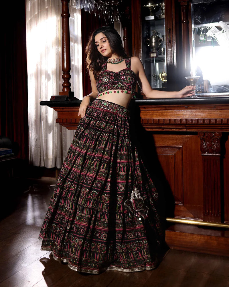Mighty Black Mirror Work Chanderi Lehenga Set