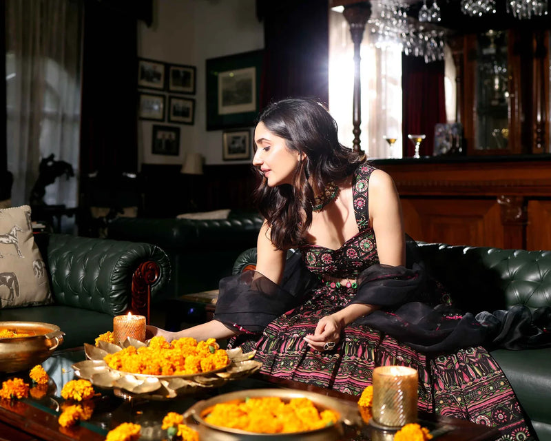 Mighty Black Mirror Work Chanderi Lehenga Set