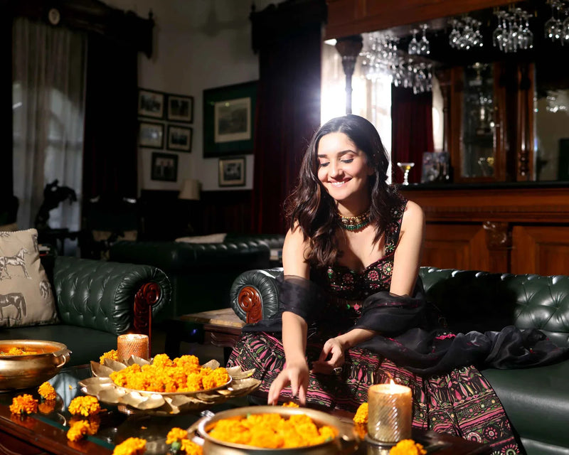 Mighty Black Mirror Work Chanderi Lehenga Set