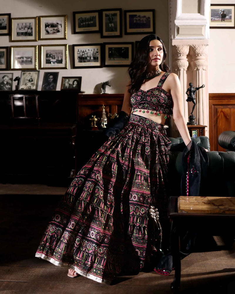Mighty Black Mirror Work Chanderi Lehenga Set