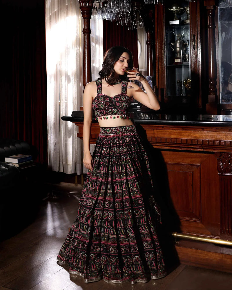 Mighty Black Mirror Work Chanderi Lehenga Set