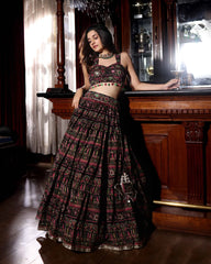 Mighty Black Mirror Work Chanderi Lehenga Set