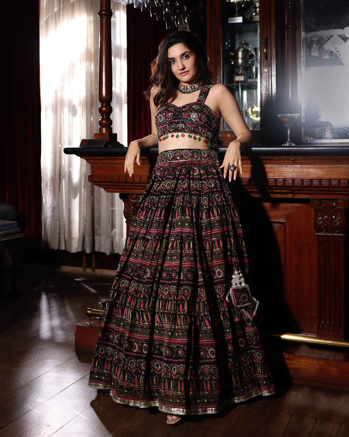 Mighty Black Mirror Work Chanderi Lehenga Set
