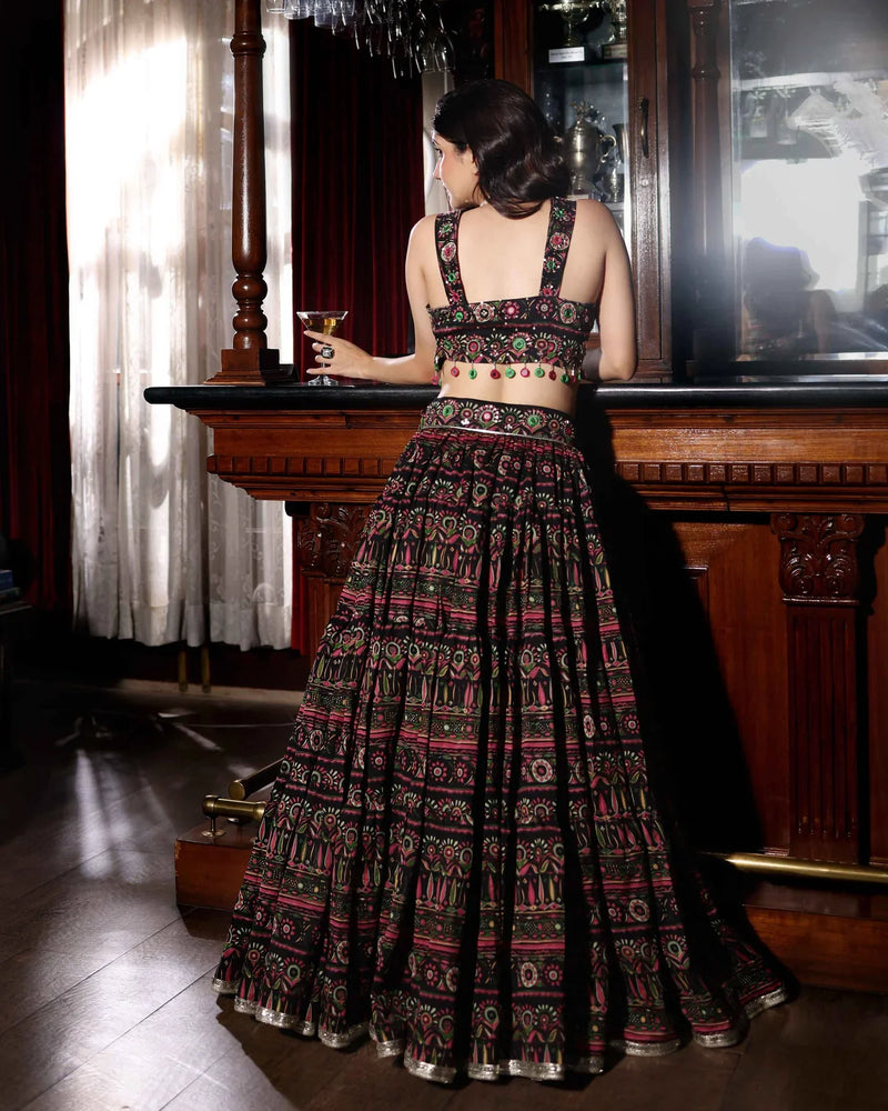 Mighty Black Mirror Work Chanderi Lehenga Set