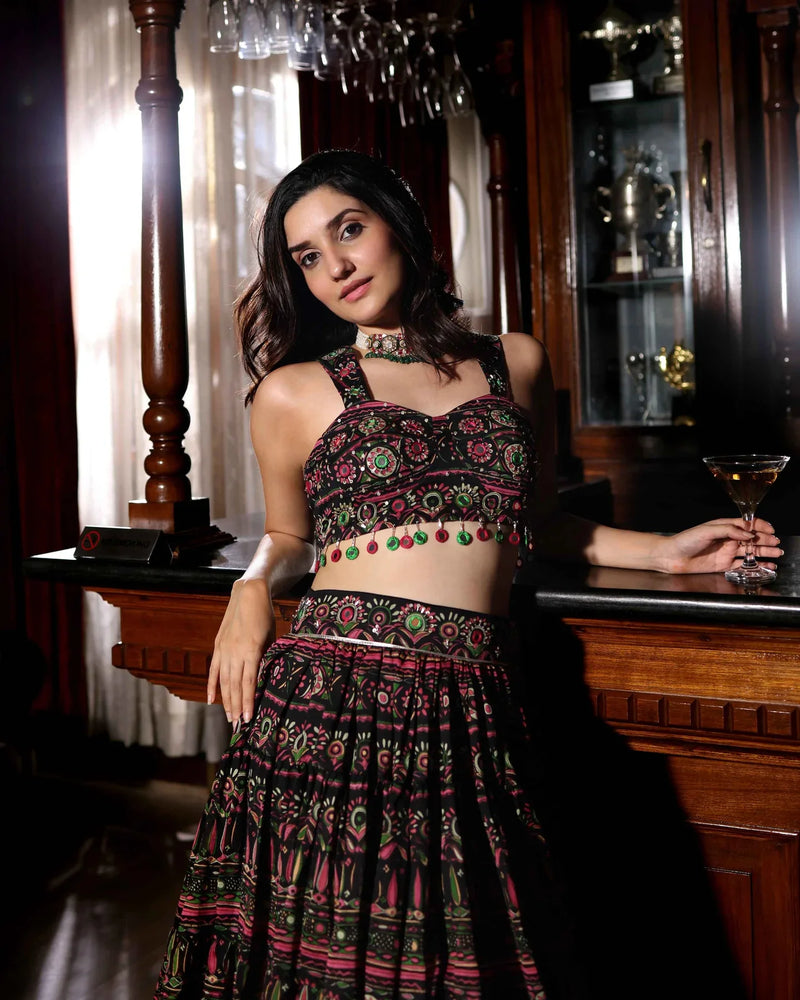 Mighty Black Mirror Work Chanderi Lehenga Set