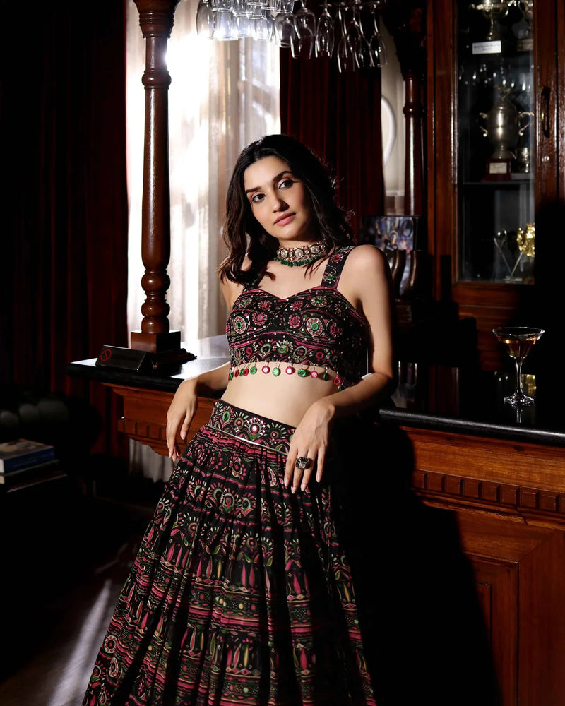 Mighty Black Mirror Work Chanderi Lehenga Set