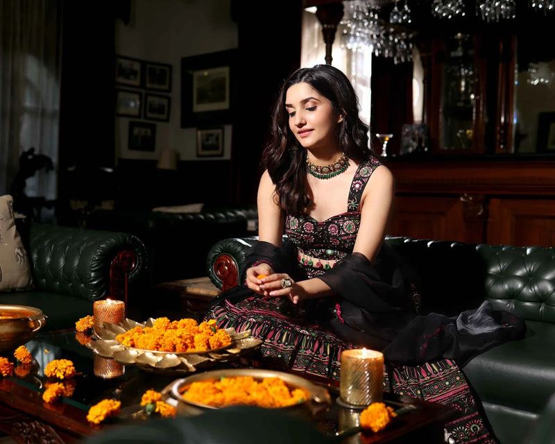Mighty Black Mirror Work Chanderi Lehenga Set