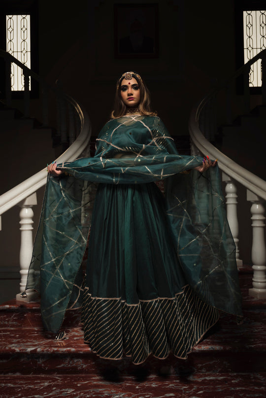 Green Lehenga Set With Organza Dupatta