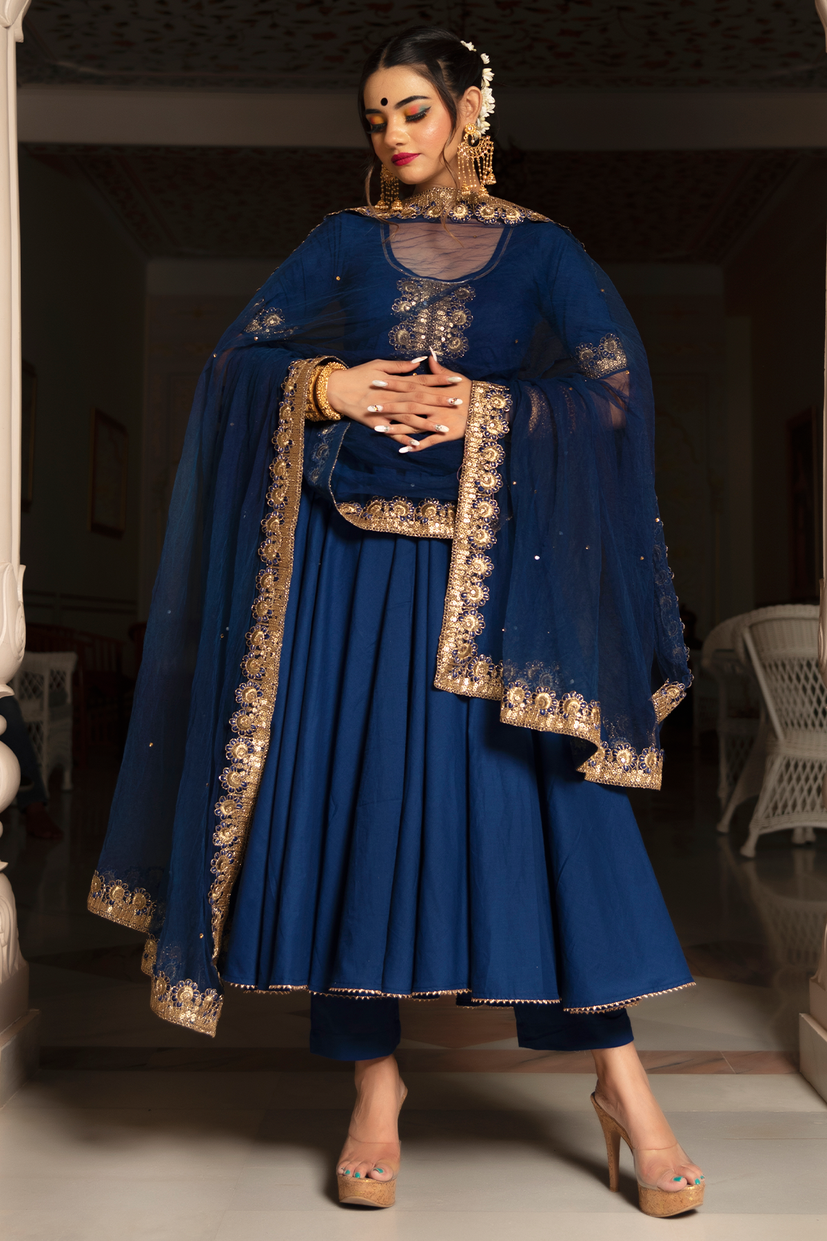 Blue cotton Anarkali set with pants and dupatta