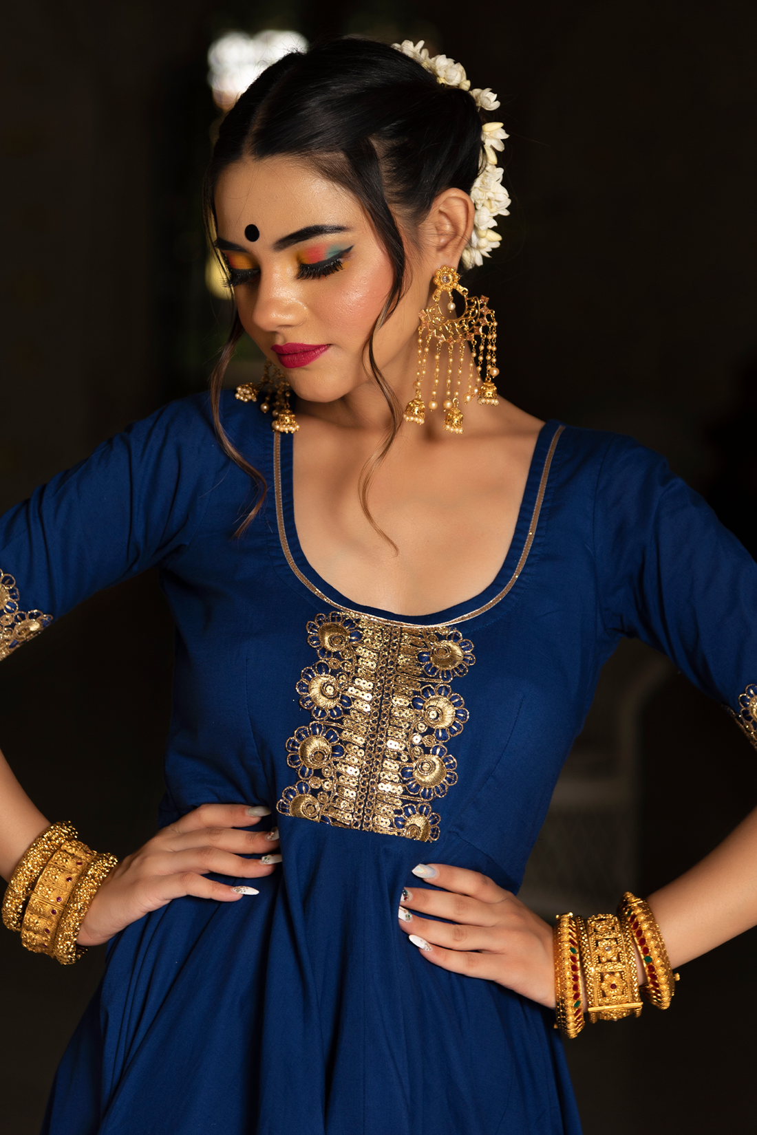 Blue ethnic cotton suit with net dupatta