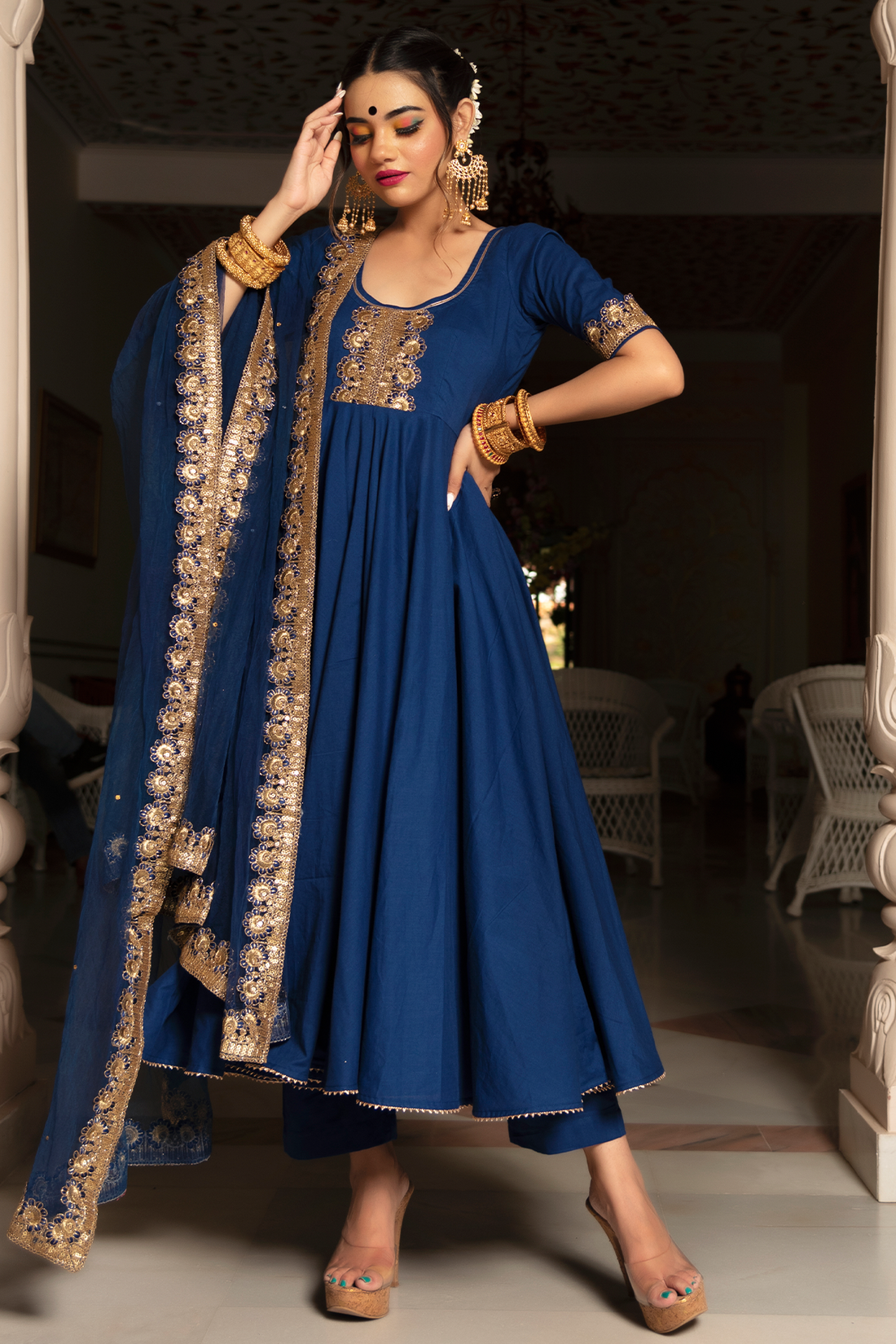 Minakari Blue Anarkali Cotton Set with Net Dupatta