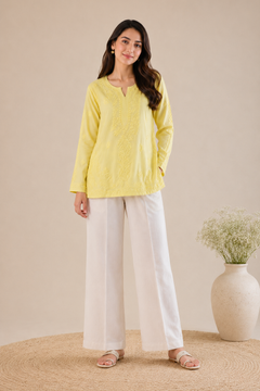 Lemon Yellow Modal Cotton Chikankari Short Kurta