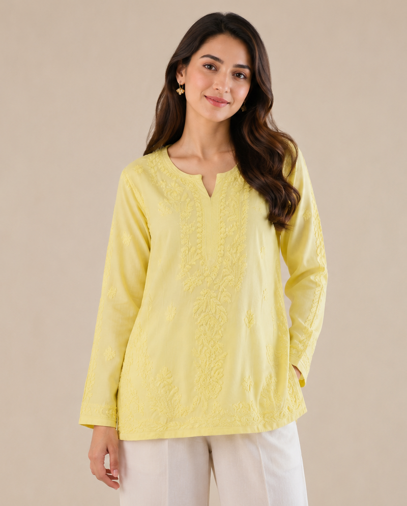 Lemon Yellow Modal Cotton Chikankari Short Kurta