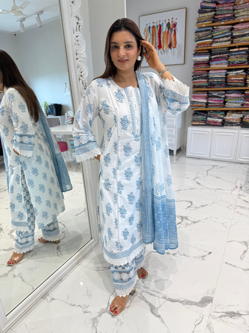 White and blue cotton kurta set