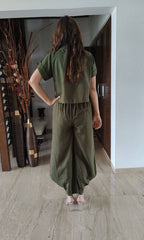 moss green top and pants set