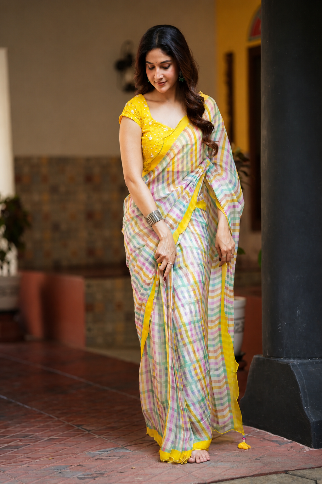 Multi viscose jute saree with hand work blouse