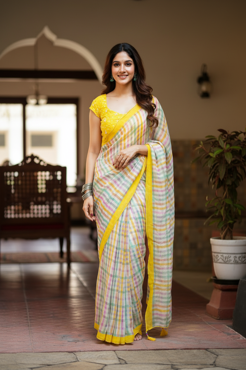 Multi viscose jute saree with hand work blouse