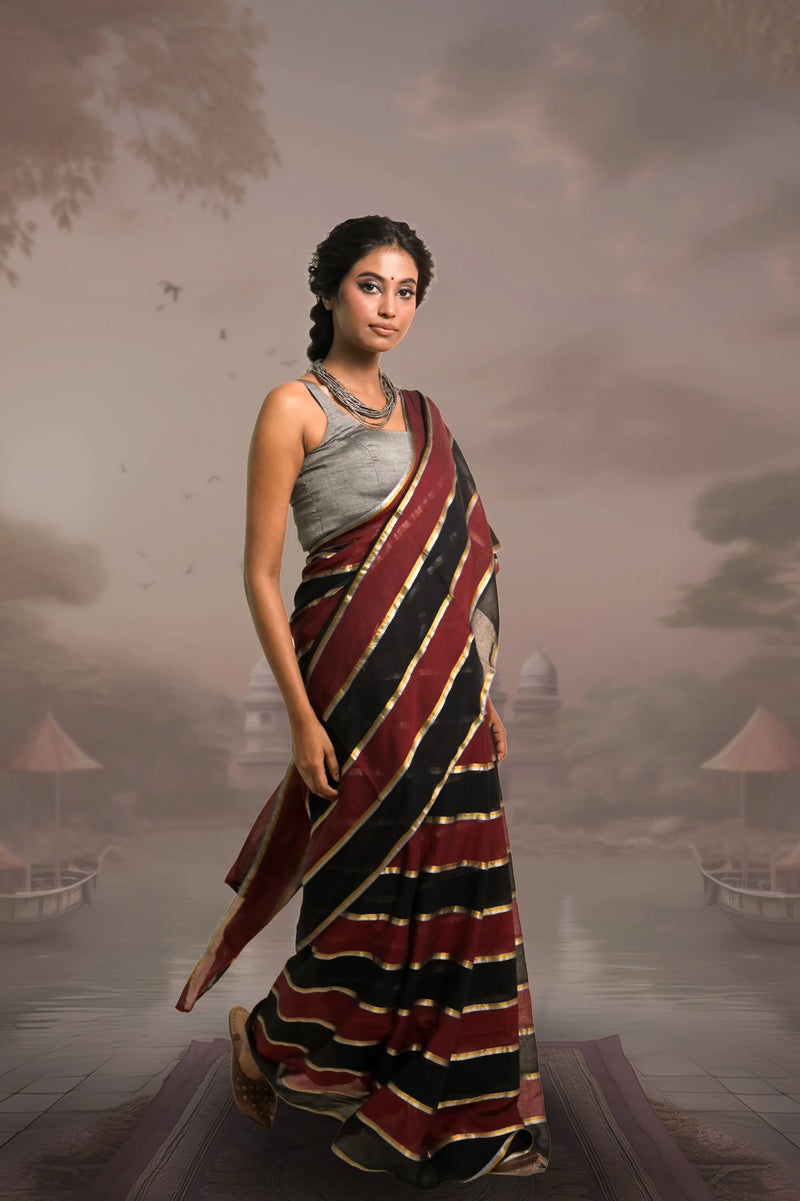 Maroon Black Mul Cotton Kaashni Saree