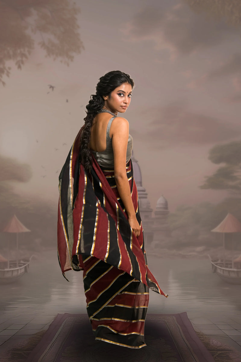 Maroon Black Mul Cotton Kaashni Saree