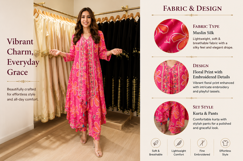 Fuchsia Pink Muslin Silk Floral Butterfly Kurta Pant Co-ord Set