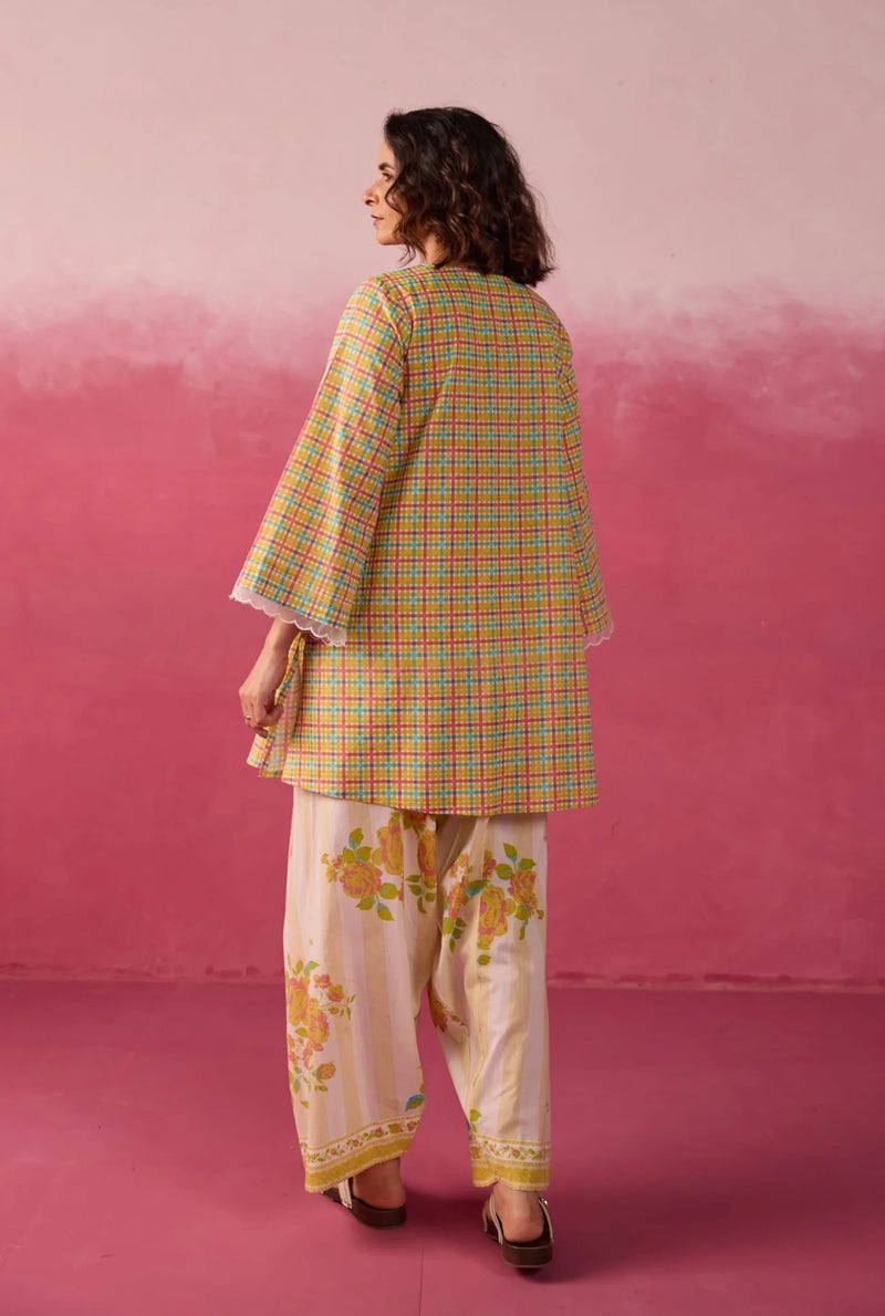 PINK CHECKS & FLORAL PRINTED FARSI SALWAR PRINTED CO-ORD SET