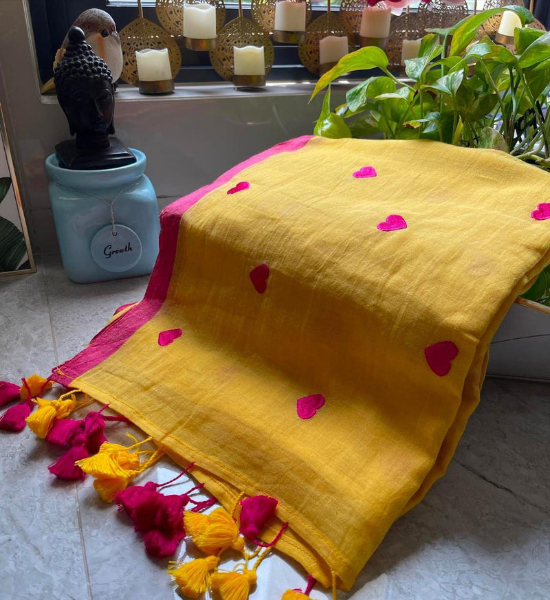 Mustard yellow mulmul saree