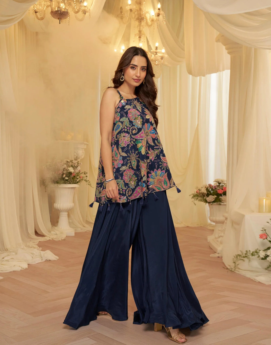 Blush Bloom Embroidered Viscose Crepe Palazzo Set
