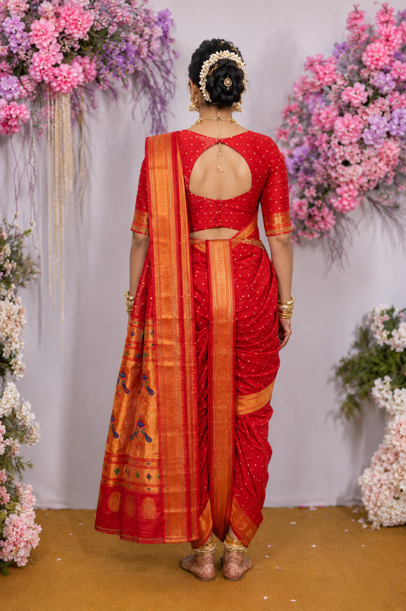 Sindoori Red 9 Yard Soft Silk Paithani Saree with Kalash Peacock Pallu