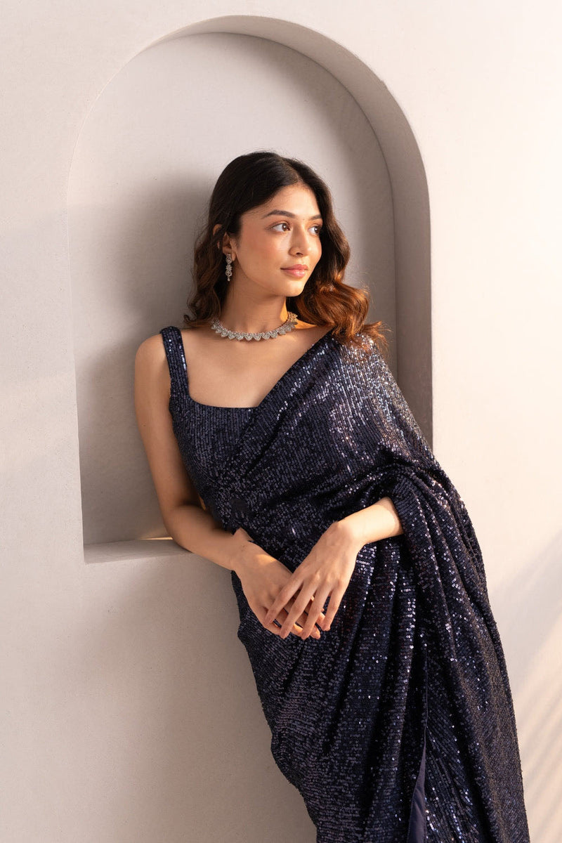 Navy Blue Sequin Saree