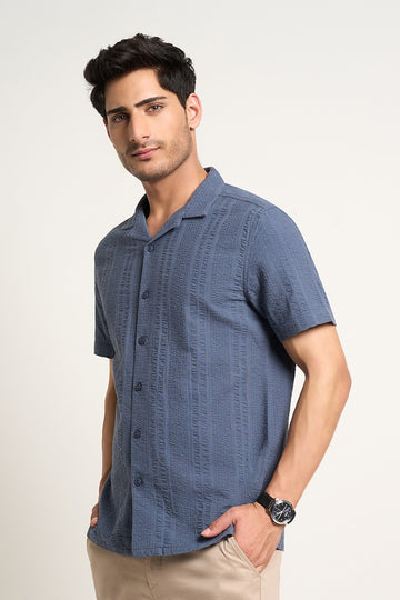 Navy Textured Athleisure Half Sleeves Shirt