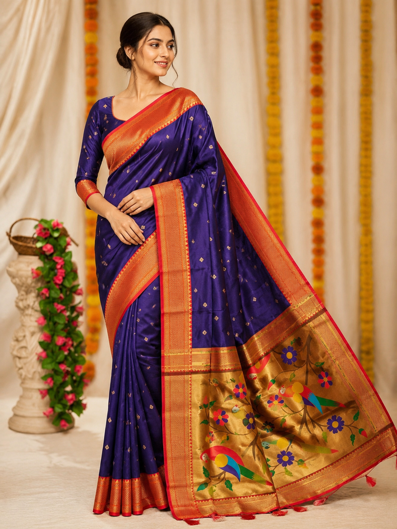 Surmayi Orange Soft Silk Paithani Saree with Lotus & Peacock Copper Zari Pallu