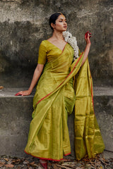 Neon Green Handwoven Tissue Saree with Red Border
