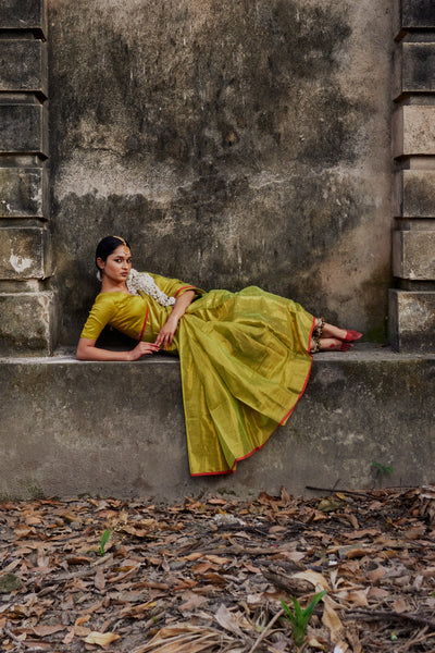 Neon Green Handwoven Tissue Saree with Red Border