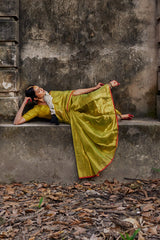 Neon Green Handwoven Tissue Saree with Red Border