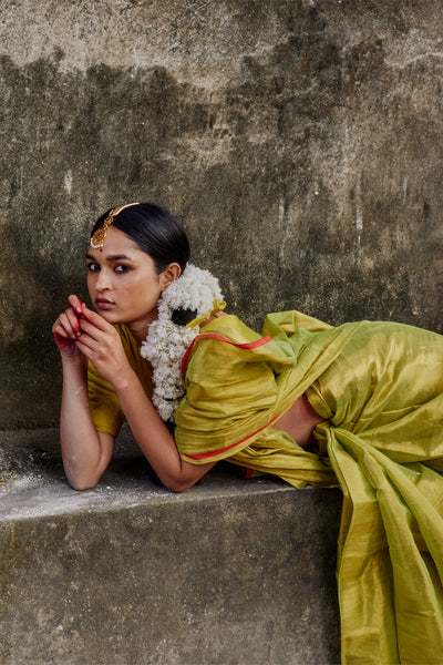 Neon Green Handwoven Tissue Saree with Red Border