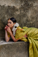 Neon Green Handwoven Tissue Saree with Red Border